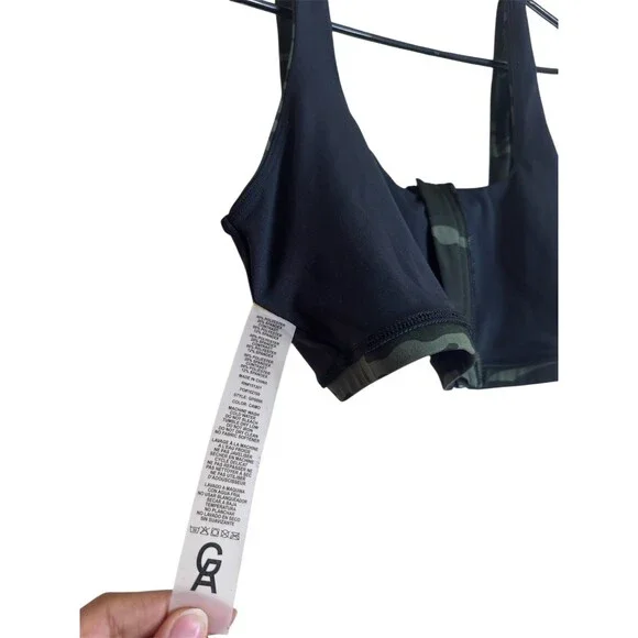 Good American Sports Bra Womens Size 3 Black Green Camo Zip Front High - Picture 5 of 7